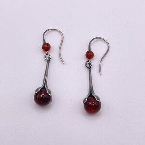 Amber Drop Flower Bulb Sterling Silver Dangle Earrings Hook Closure